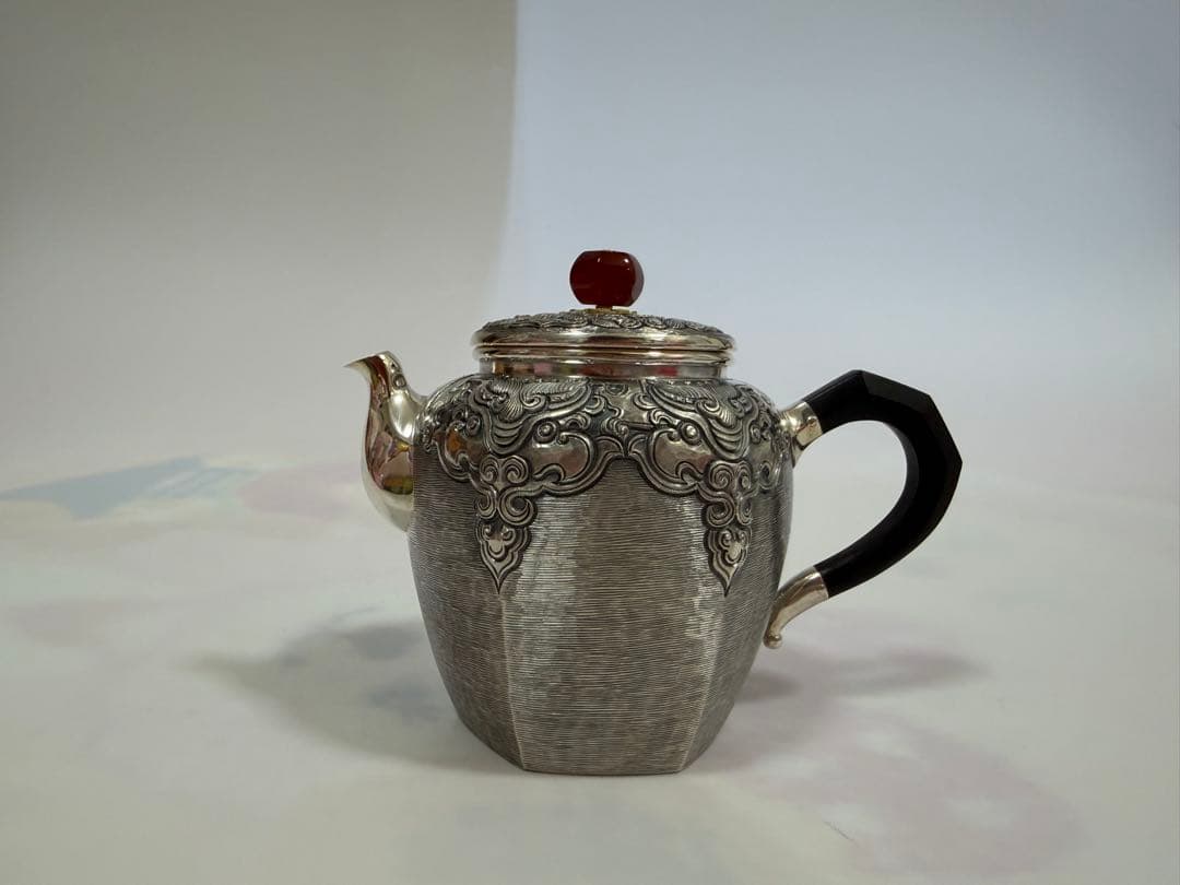 純銀製 六面取 饕餮文 玉石摘 急須 銀瓶 煎茶道具