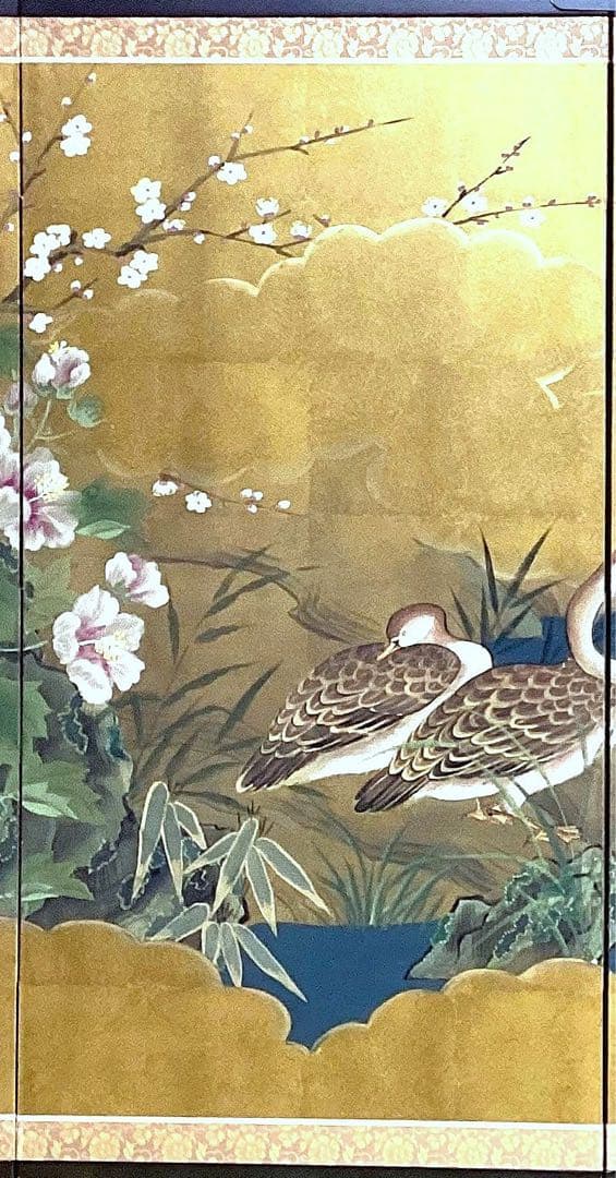四つ折り屏風　日本画　金箔彩色　『鴨に梅・芙蓉』