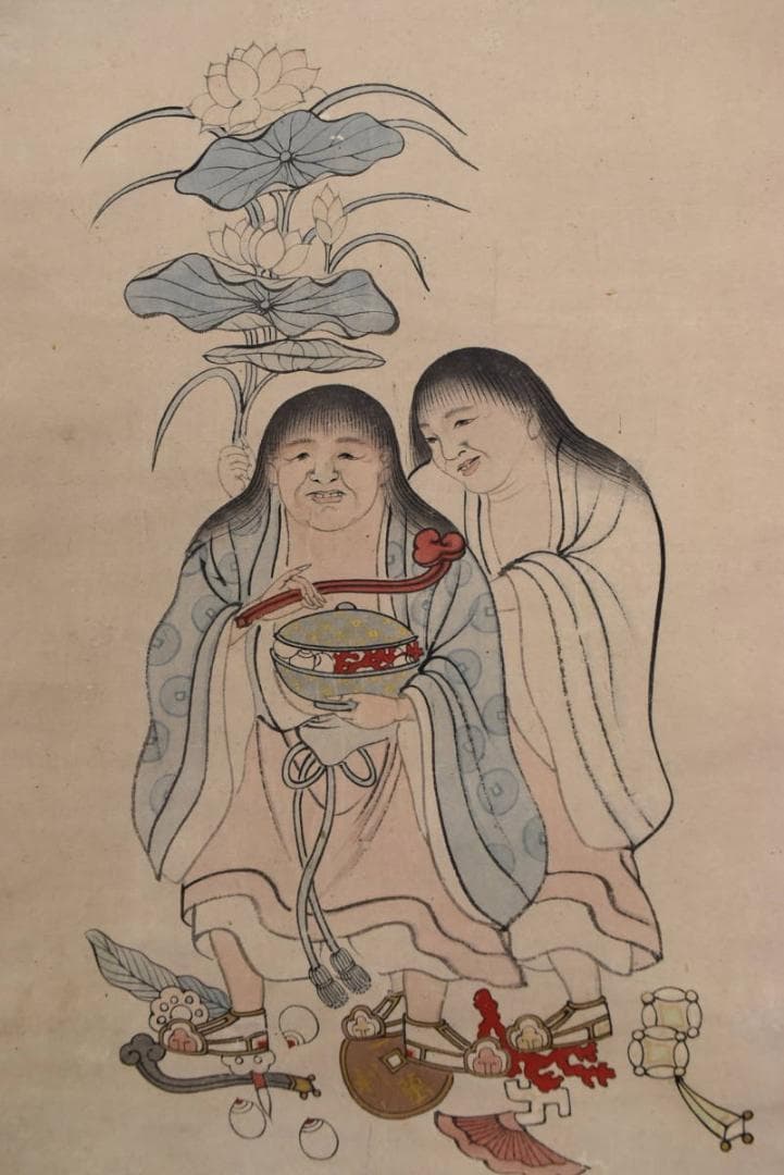 【真作】来章/福神二座図/掛軸☆宝船☆AA-958