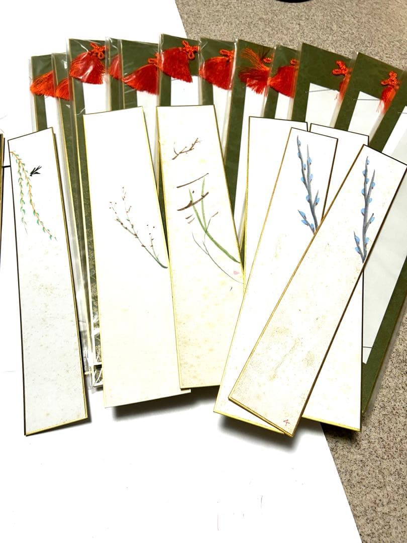 新品！和紙製短冊 大14枚、中サイズ6枚　絵付短冊冊子5枚　金色装飾　纏め売り