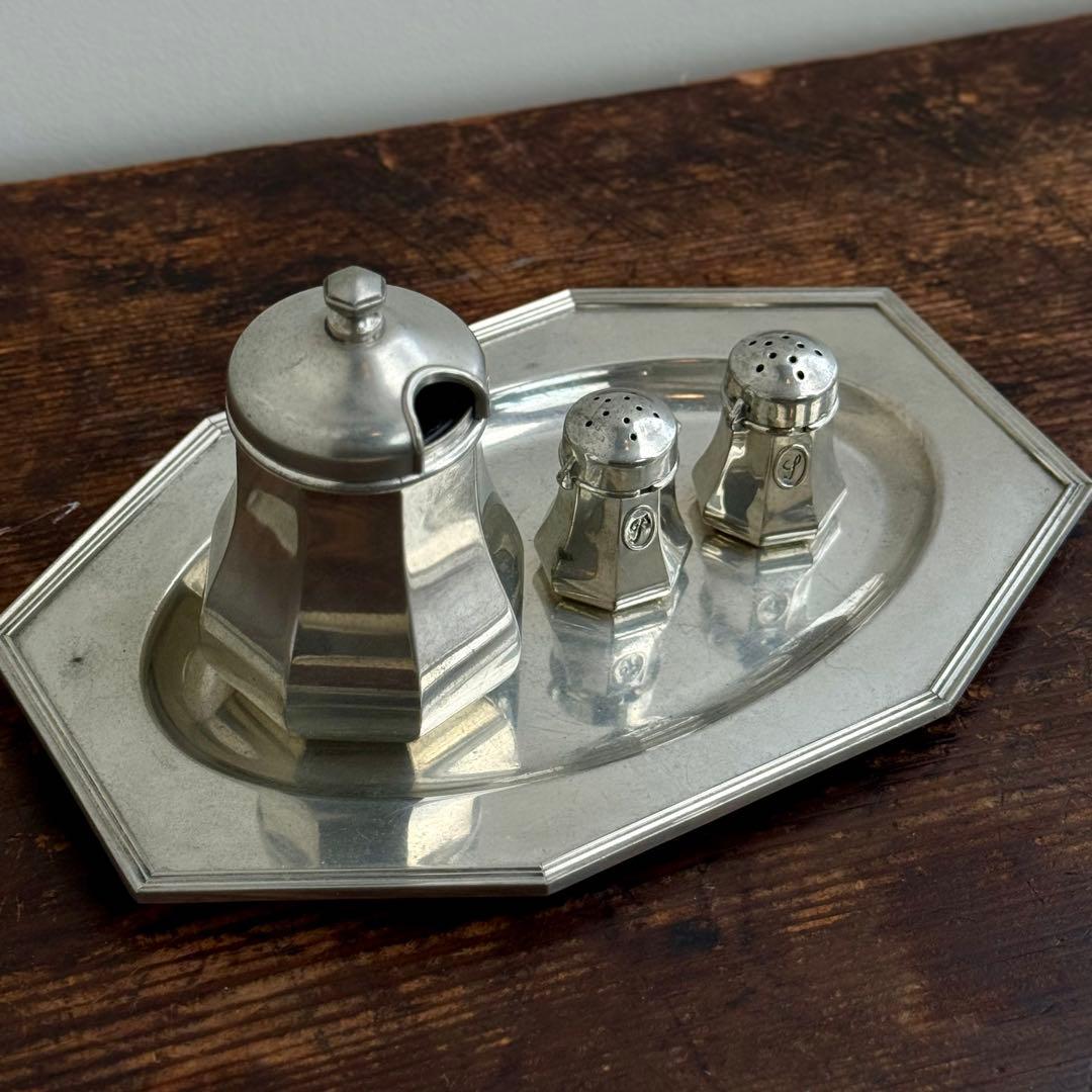 フランス製 トレイ＆シュガー・ソルト・ペッパー 4点セット ピューター 刻印有り
