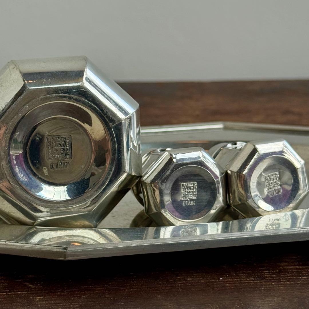 フランス製 トレイ＆シュガー・ソルト・ペッパー 4点セット ピューター 刻印有り