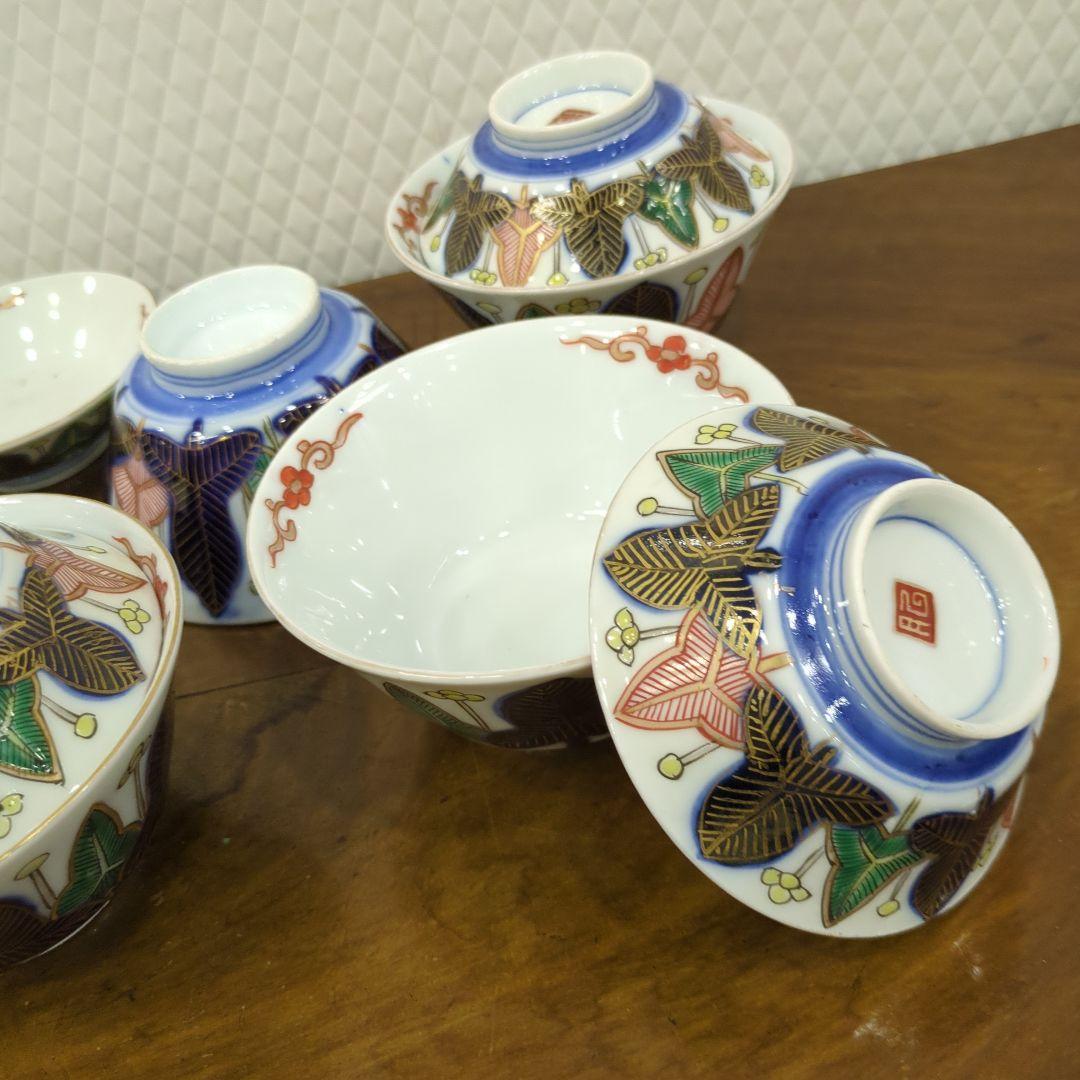 骨董 蓋茶碗 茶碗 陶器 色絵 煮物椀 向付 アンティーク 5つ〜