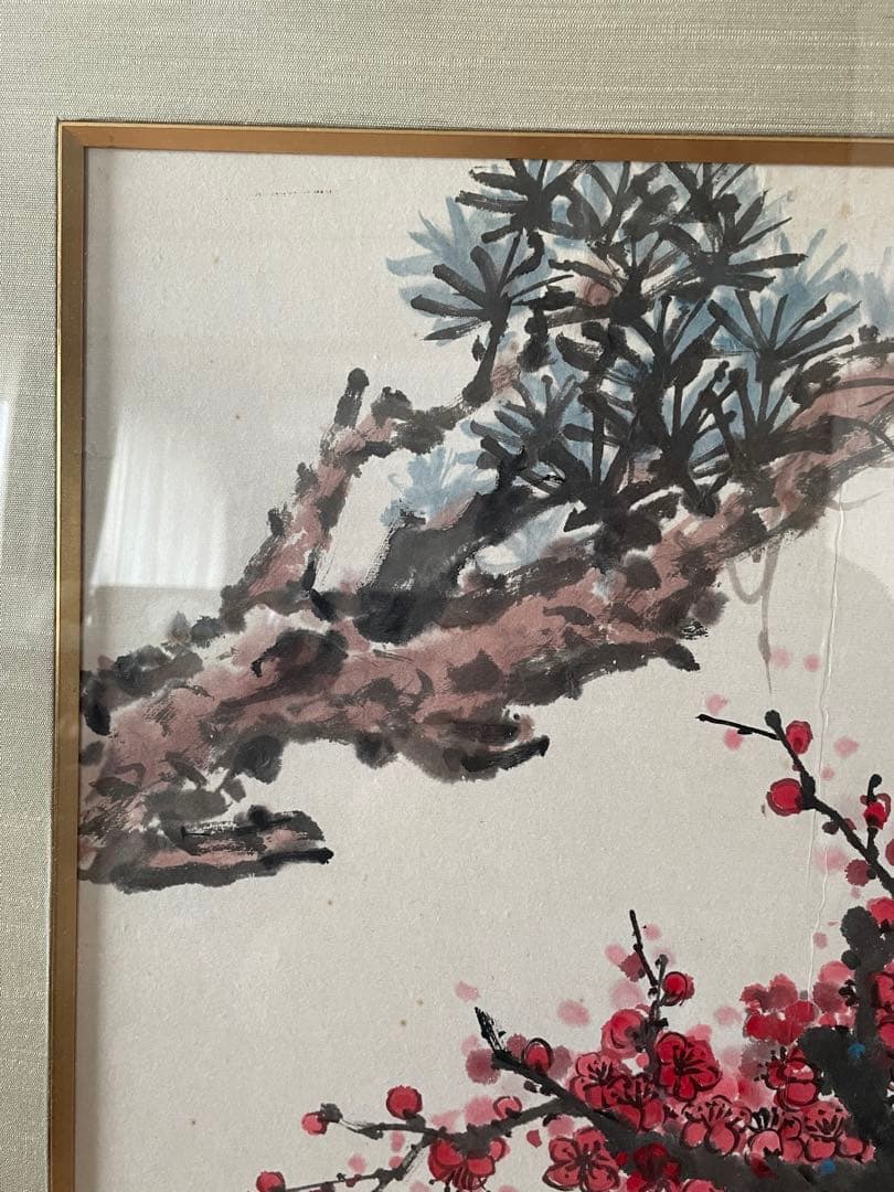 中国美術 水墨画【紅梅】額装 壁掛 絵画