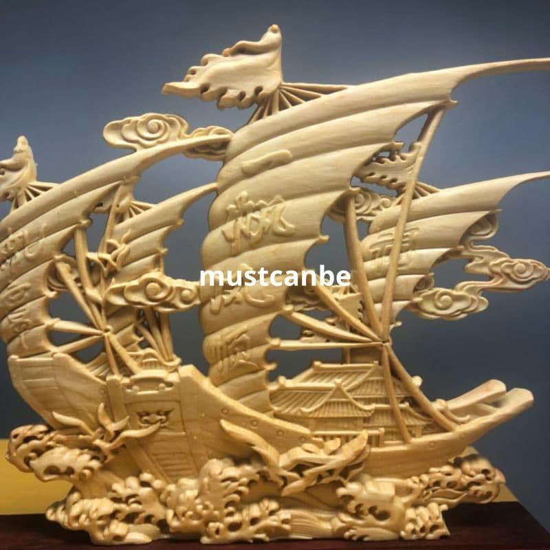 木彫刻は順風満帆波に乗ります 机 事務室 装飾品 工芸品 置物