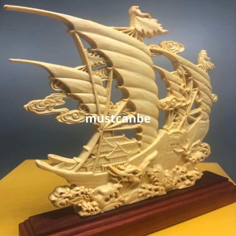木彫刻は順風満帆波に乗ります 机 事務室 装飾品 工芸品 置物