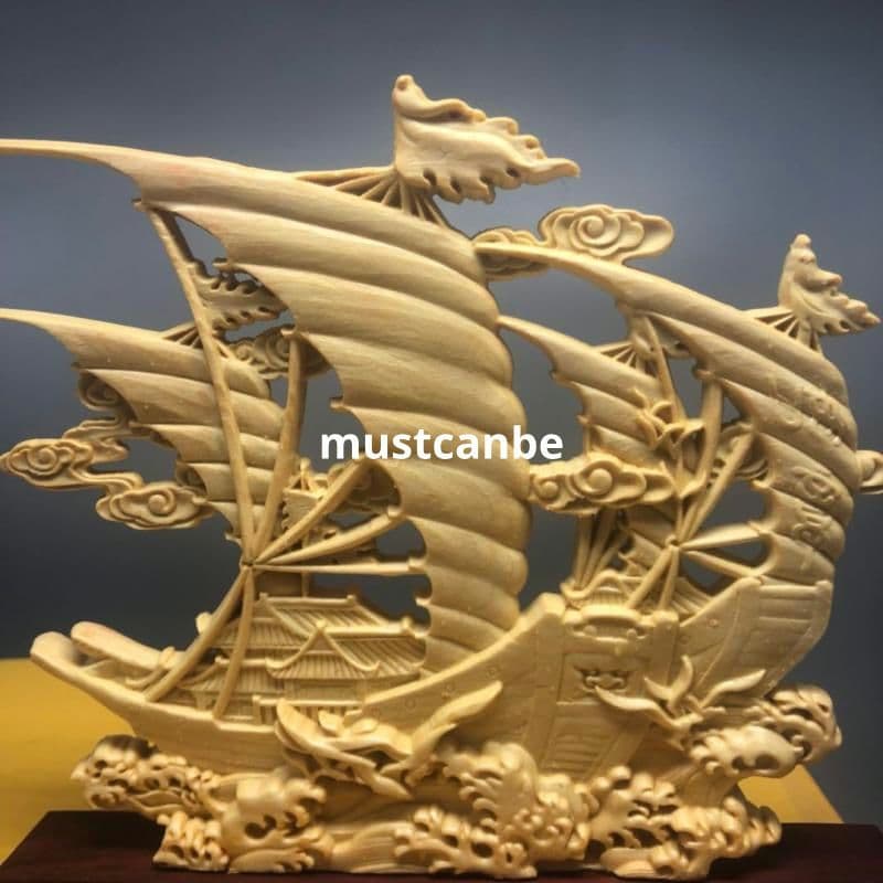 木彫刻は順風満帆波に乗ります 机 事務室 装飾品 工芸品 置物