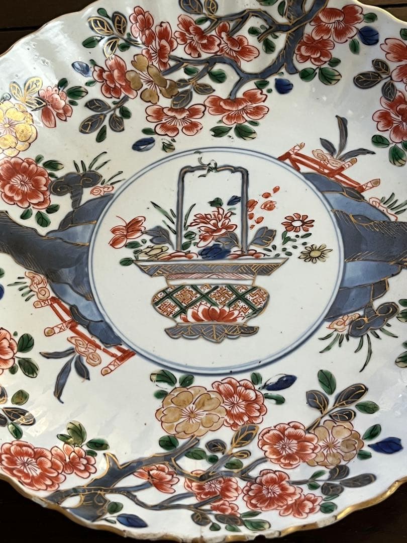 希少清朝初期　康熙年間　五彩　桜花輪花八寸皿　花籠　中国古玩古伊万里中国古美術