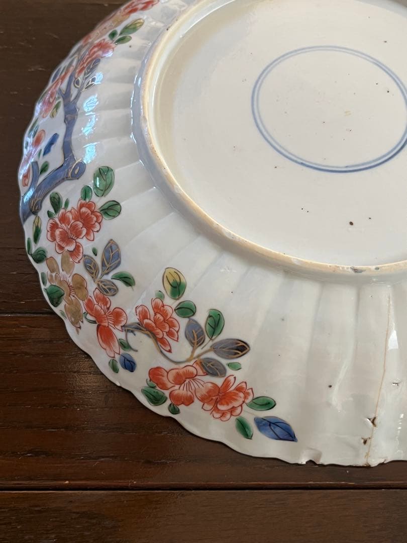 希少清朝初期　康熙年間　五彩　桜花輪花八寸皿　花籠　中国古玩古伊万里中国古美術