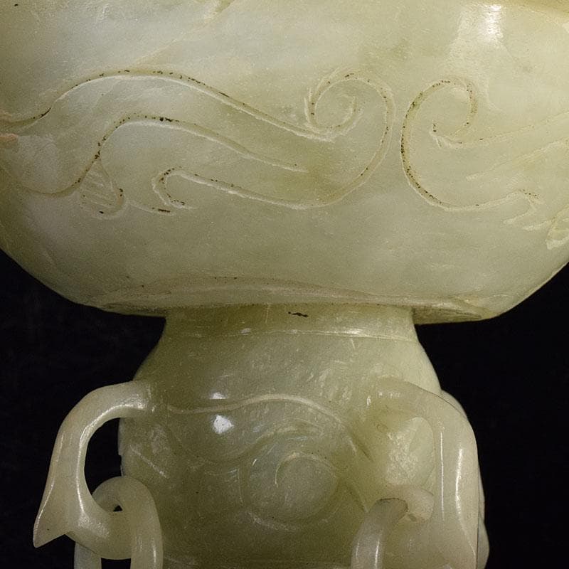 中国　玉石彫刻　雙耳活環　龍鈕蓋爐　塔香炉　唐木台付　7654C