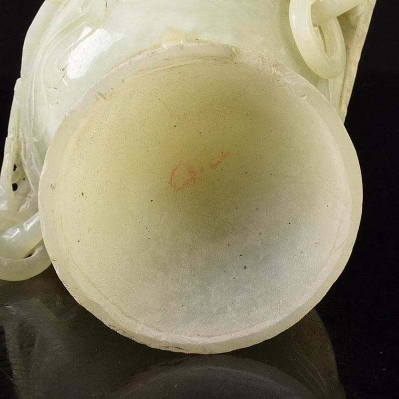 中国　玉石彫刻　雙耳活環　龍鈕蓋爐　塔香炉　唐木台付　7654C