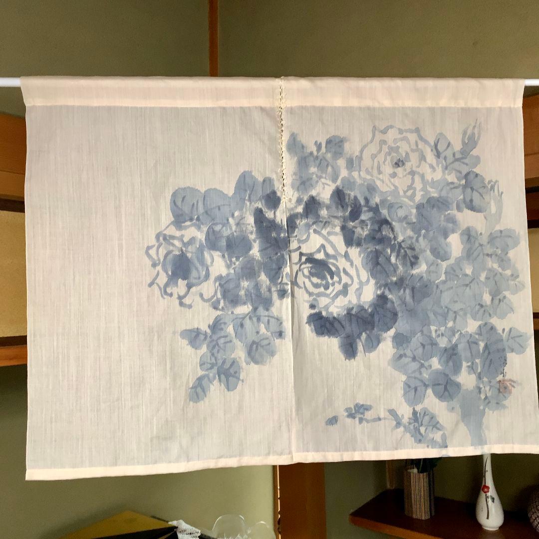 暖簾 本麻 藍墨『薔薇』水墨画家による肉筆 一点物