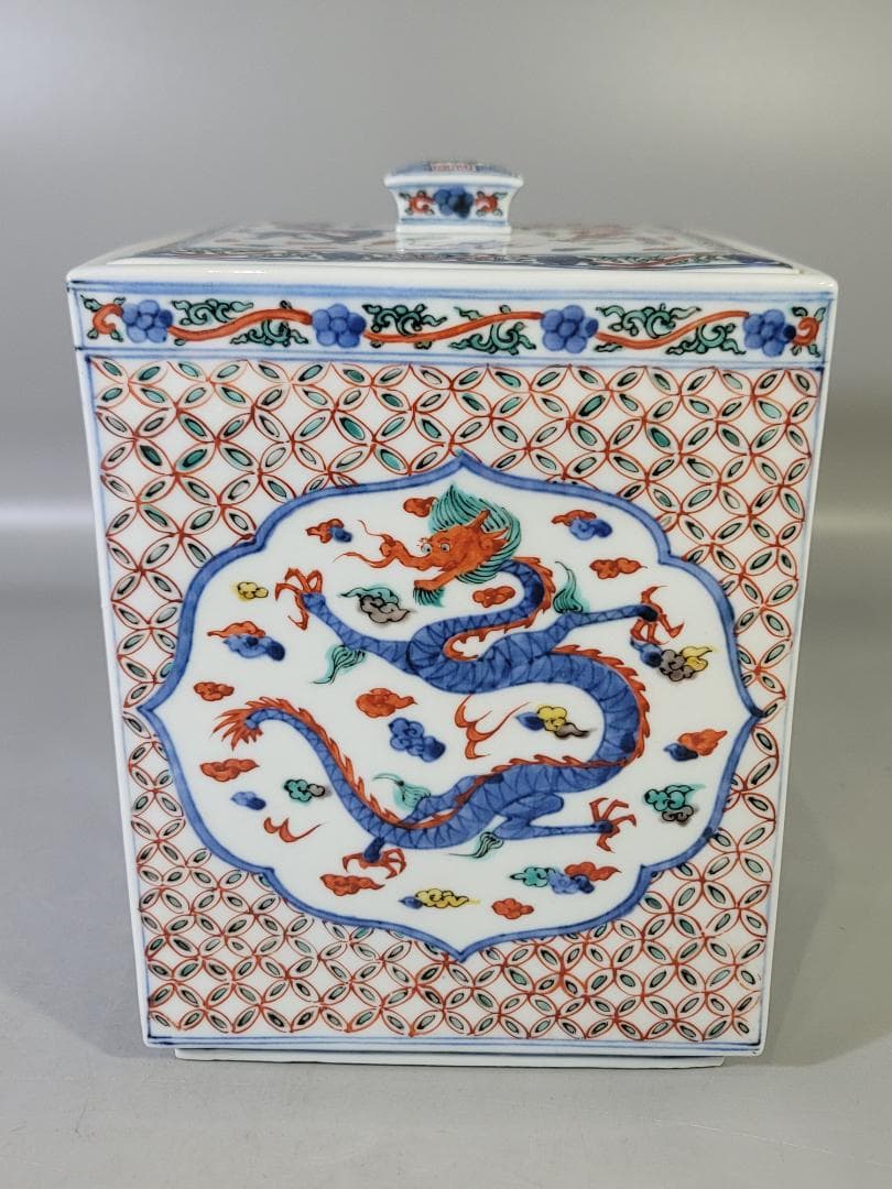 茶道具 萬暦赤絵 四方 蓋物 水指 美品 DT770