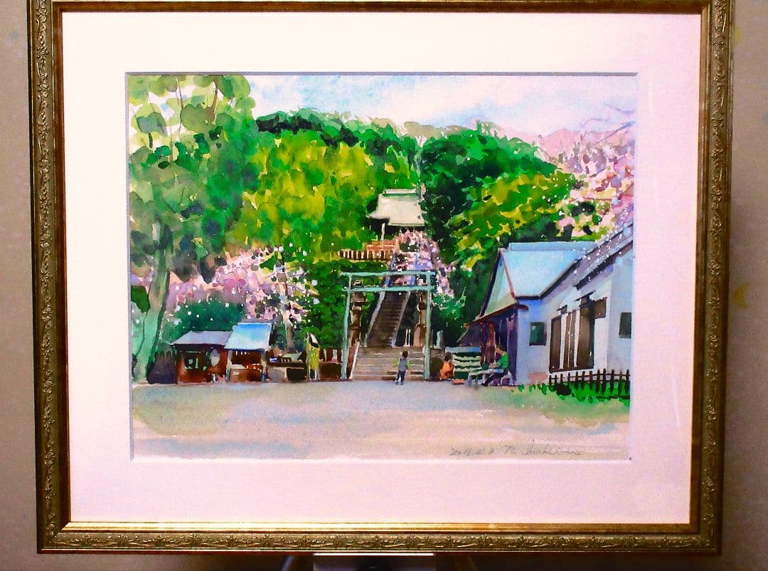 水彩画 神社の風景額装済み F6サイズ