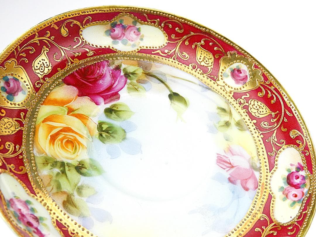 オールドノリタケ 金彩紅地 薔薇絵 カップ ソーサー アンティーク