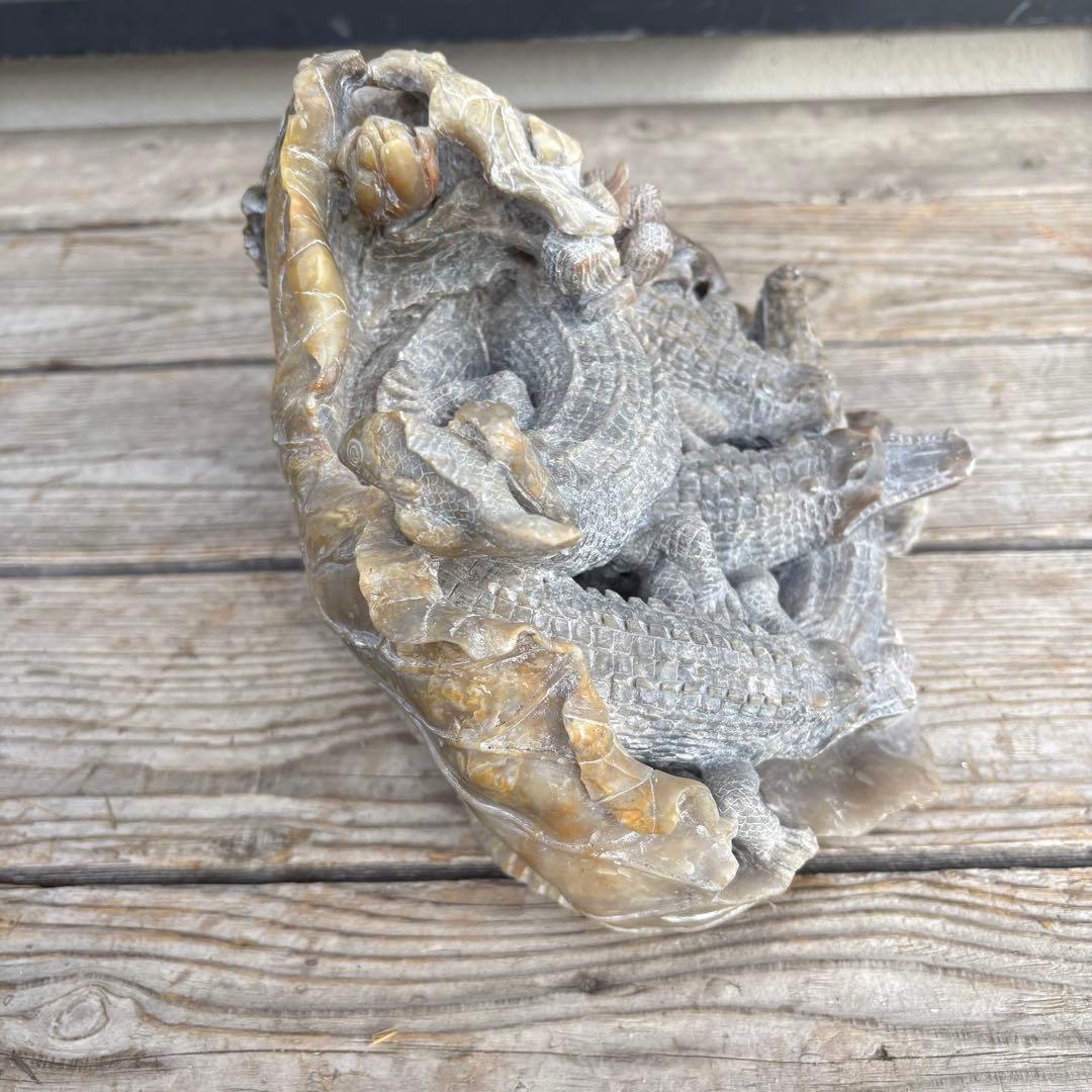 中国骨董 ワニ 置物 彫刻 天然石 オブジェ レトロ ジャンク ワニ群像 置物