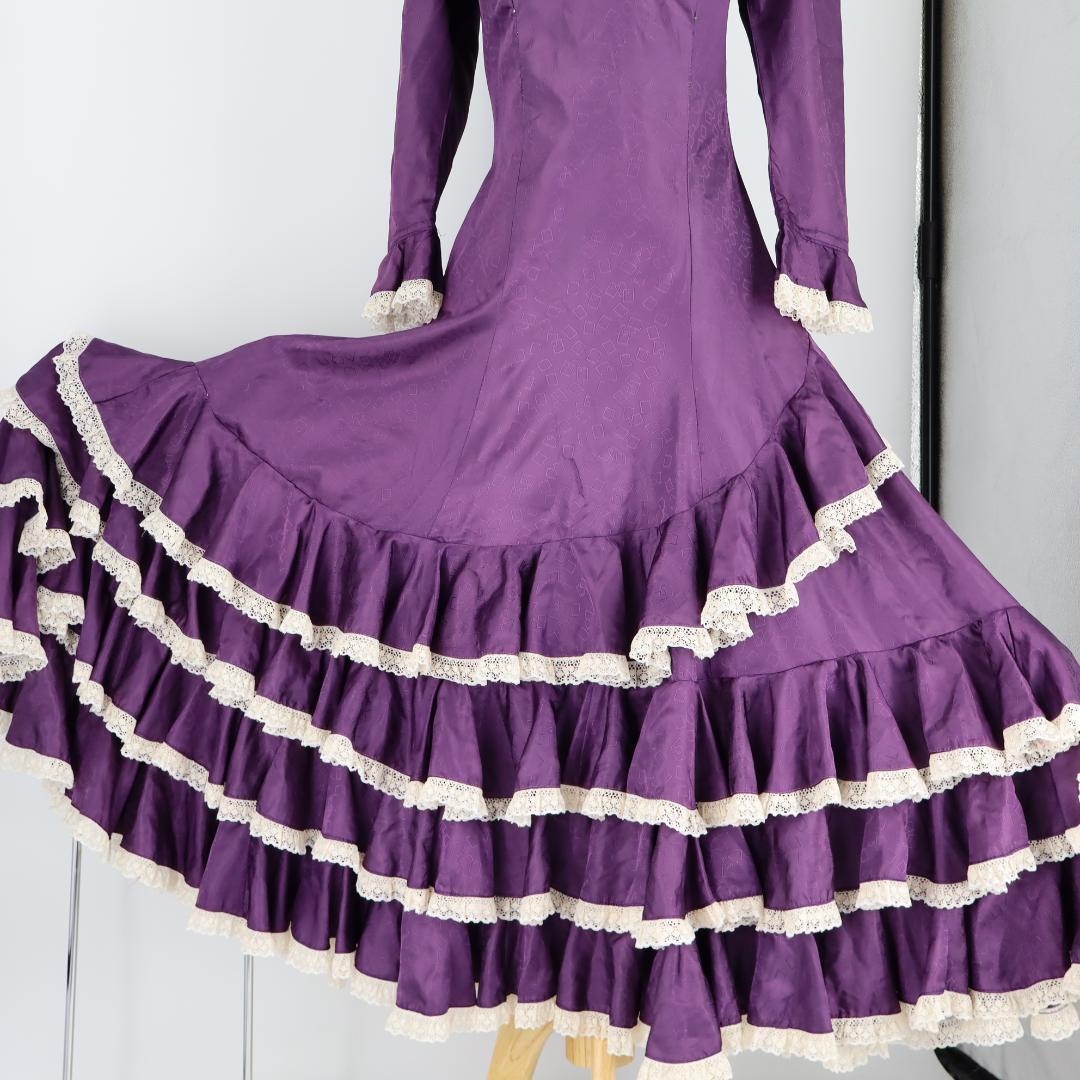 【美品 フラメンコ衣装】光沢パープル×柄×レース地 ドレス Flamenco