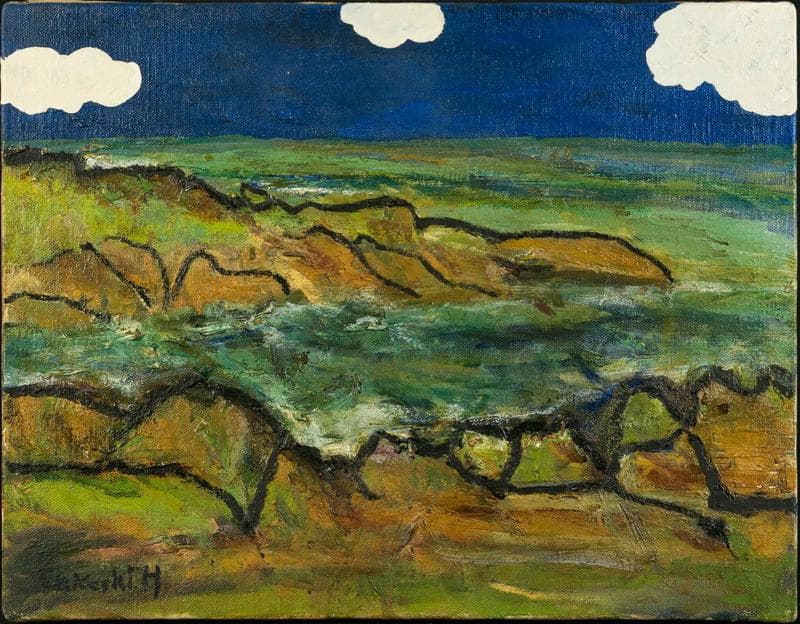 林武　油彩　肉筆『奥伊豆』表サイン　裏サイン　共シール　F6号　額無　b797