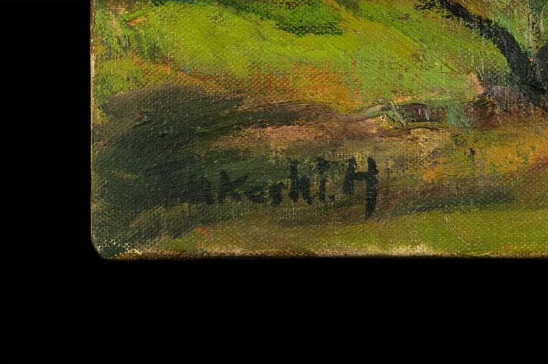 林武　油彩　肉筆『奥伊豆』表サイン　裏サイン　共シール　F6号　額無　b797