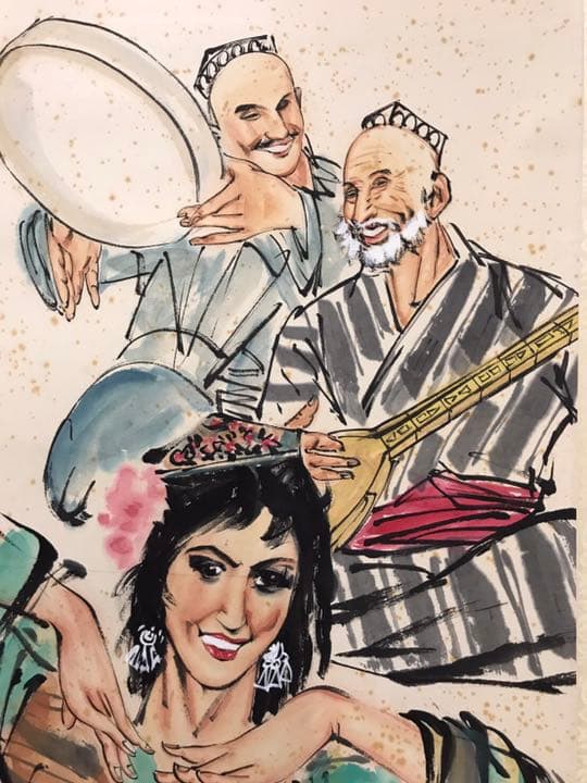 中国　黄胄　掛け軸　舞踊図　肉筆