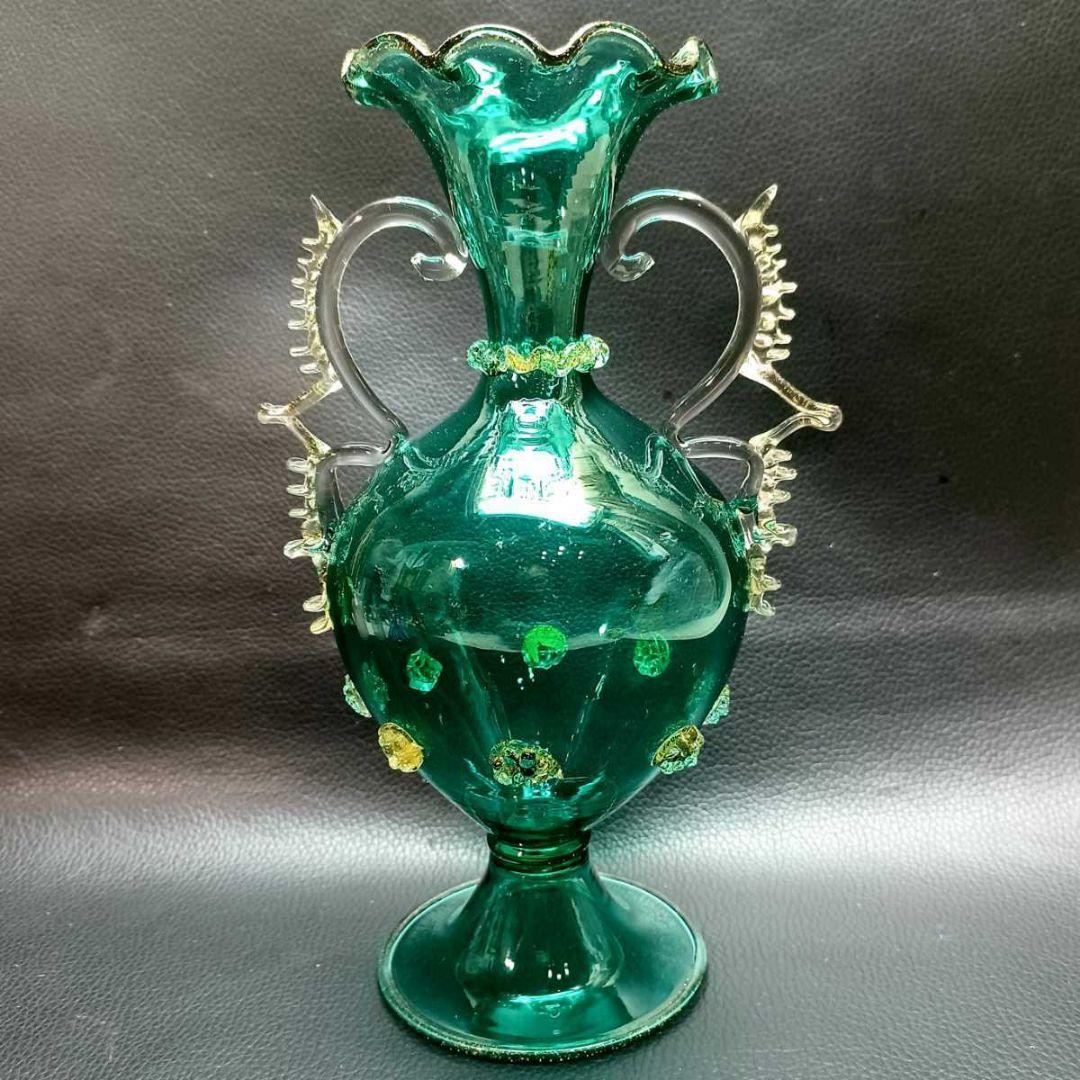 MURANO ムラノ 金彩 双耳 グリーン 花器 オブジェ