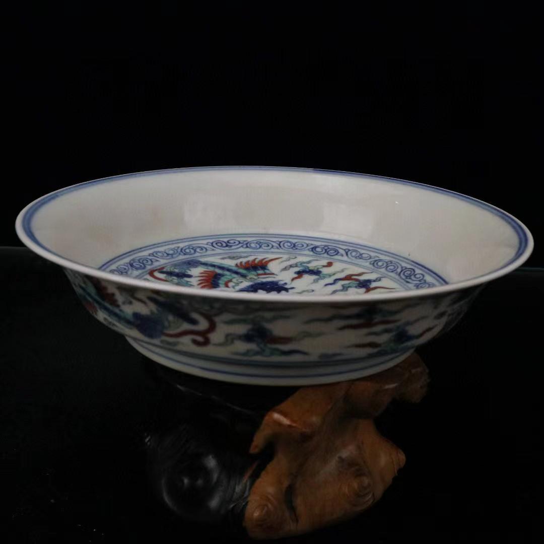中国古美術✦大明成化紋 斗彩 双鳳呈祥図紋 観賞盤✦置物・文房具・陶芸・観賞皿