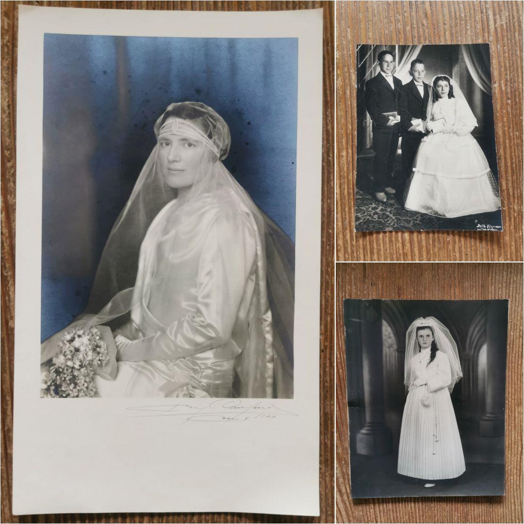 アンティーク写真館撮影 初聖体式 白いドレスの婦人 フォトグラフィ ３点セット