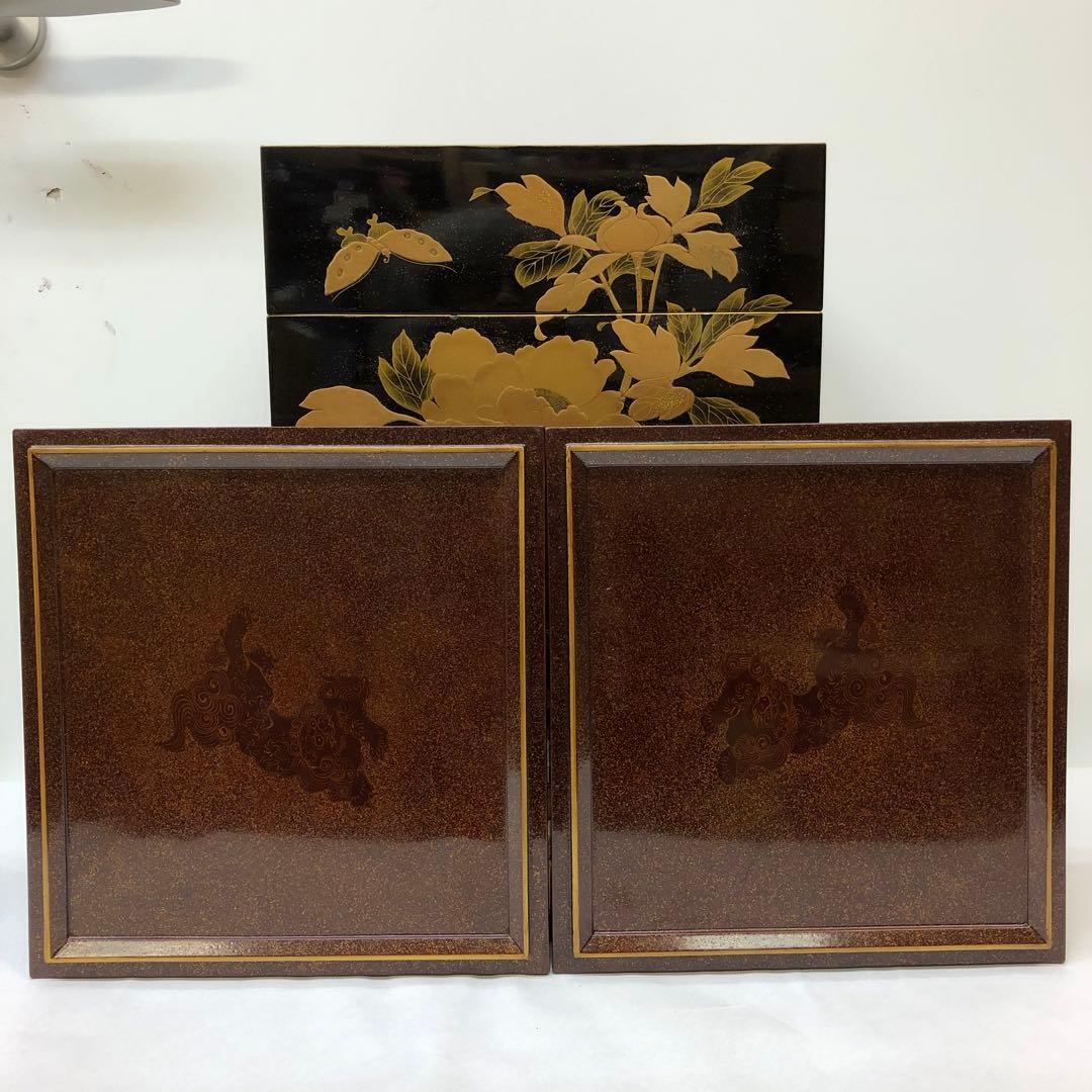 金蒔絵お重　漆器　木製　花鳥図柄　唐獅子図柄　五段重別蓋付き　共箱無