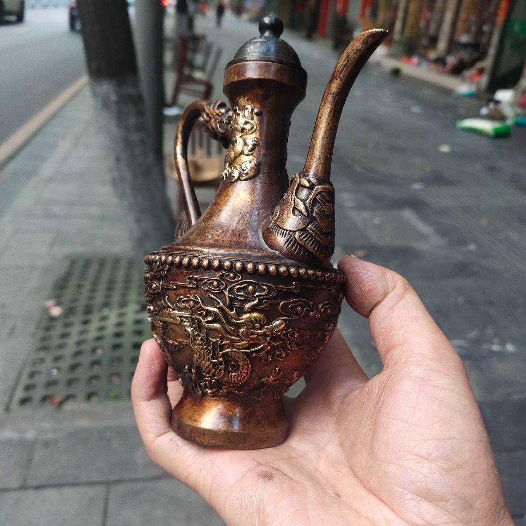 銅器 双龍酒壺 茶壺 家庭 茶道 工芸 置物