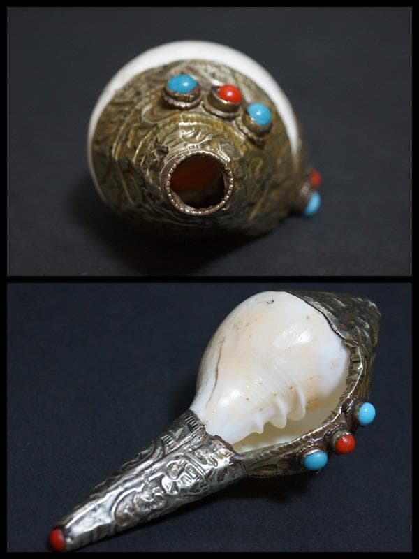 チベット密教法具法螺貝(シャンカ)銀製シルバー巻き手造り打出し『唐草紋』装飾仏教