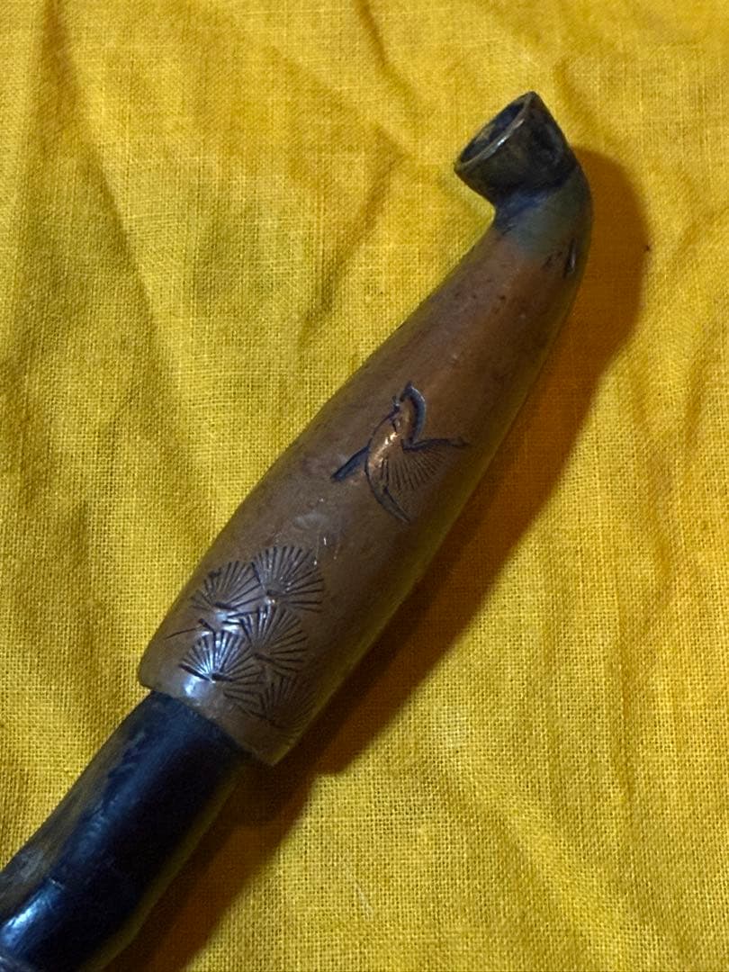 時代煙管　素銅地　松に鷹と千鳥図　大きめ