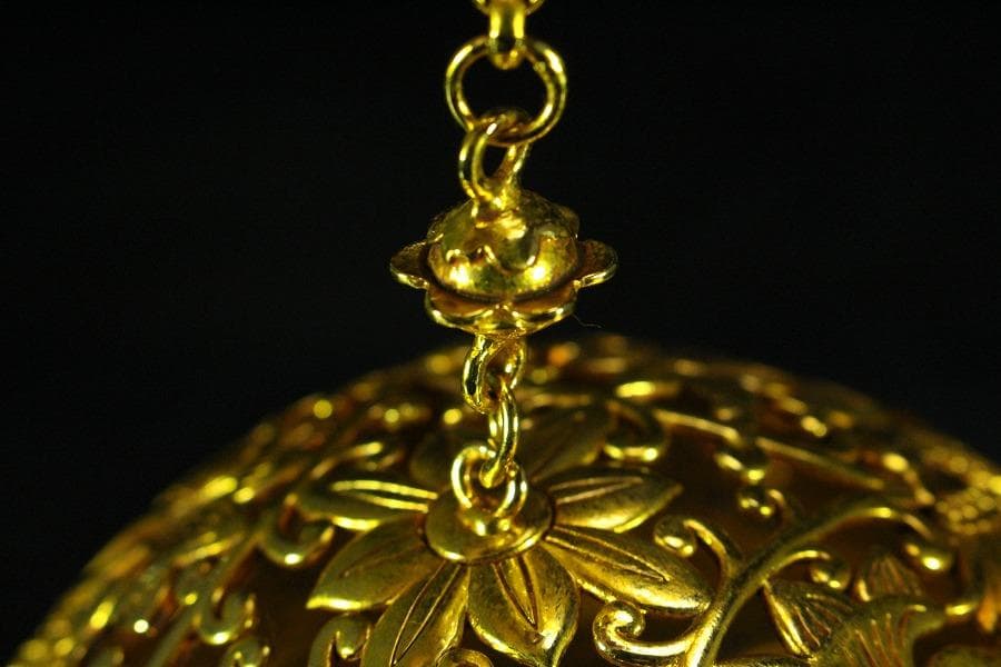 香道具 鍍金 纏枝蓮花 鳳紋透かし 吊り香炉 球香炉 唐物(K-YC347-2)