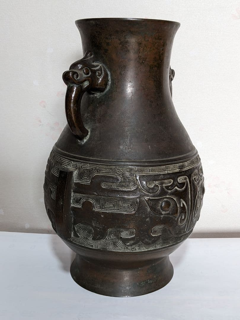 ⭐️唐金 饕餮文龍双耳瓶 明治時代 茶道具 花活け 華道 花生花器 青銅 骨董品