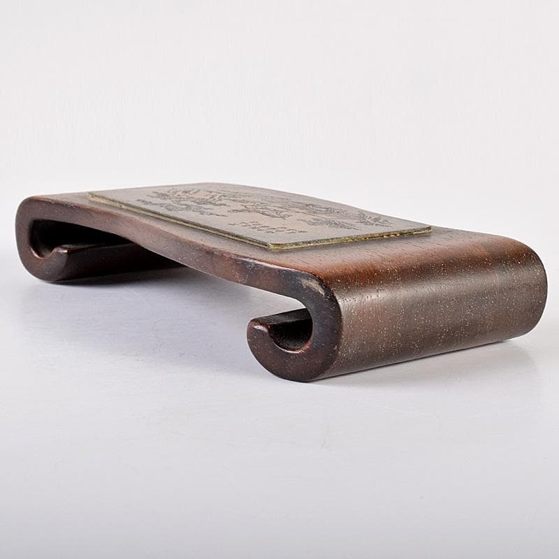 中国　唐木紫檀製　在銘漢詩山水人物文銅天板　墨床　墨台　C　7804E