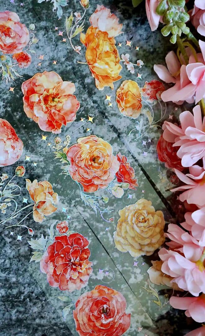 巻売 467★ 海外 マスキングテープ マステ PET 装飾 花 銀ホロ