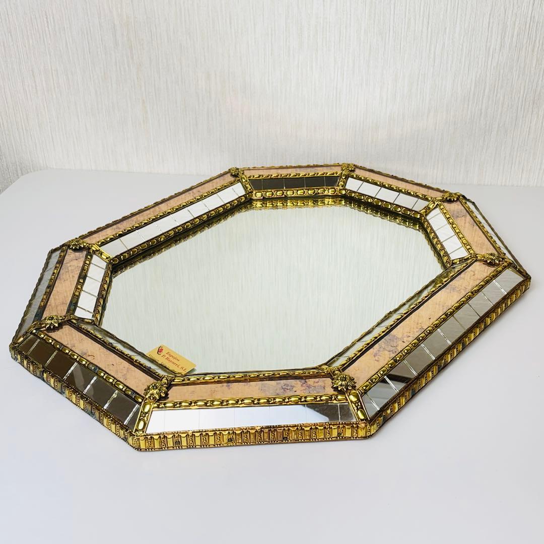 スペイン製 アンティーク 八角形 鏡 ミラー 金属枠 壁掛け ヴィンテージ 装飾