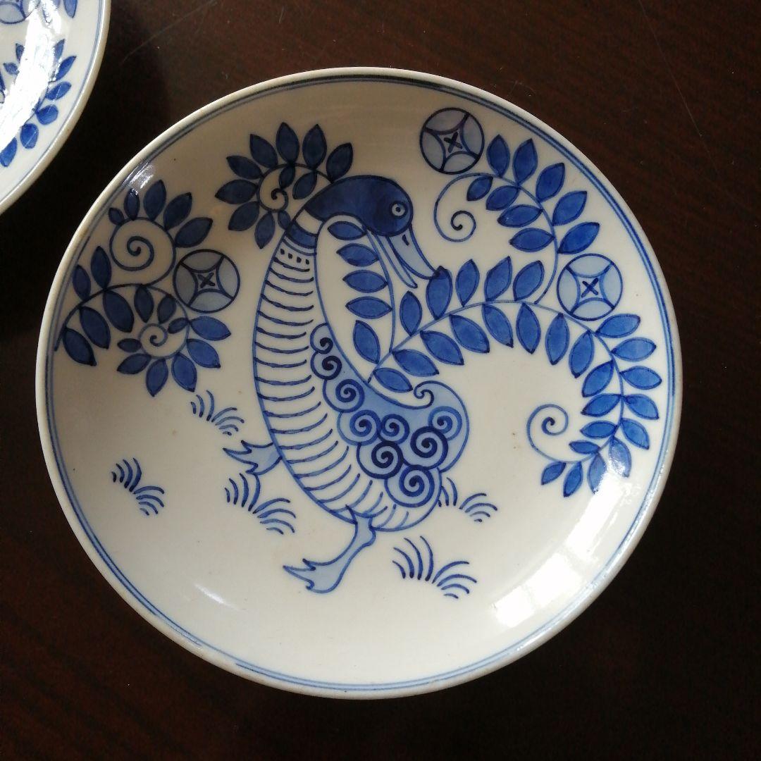 瀬戸焼　千峰園製　染付鴨画高台皿　2枚　15.2cm　明治〜昭和初期