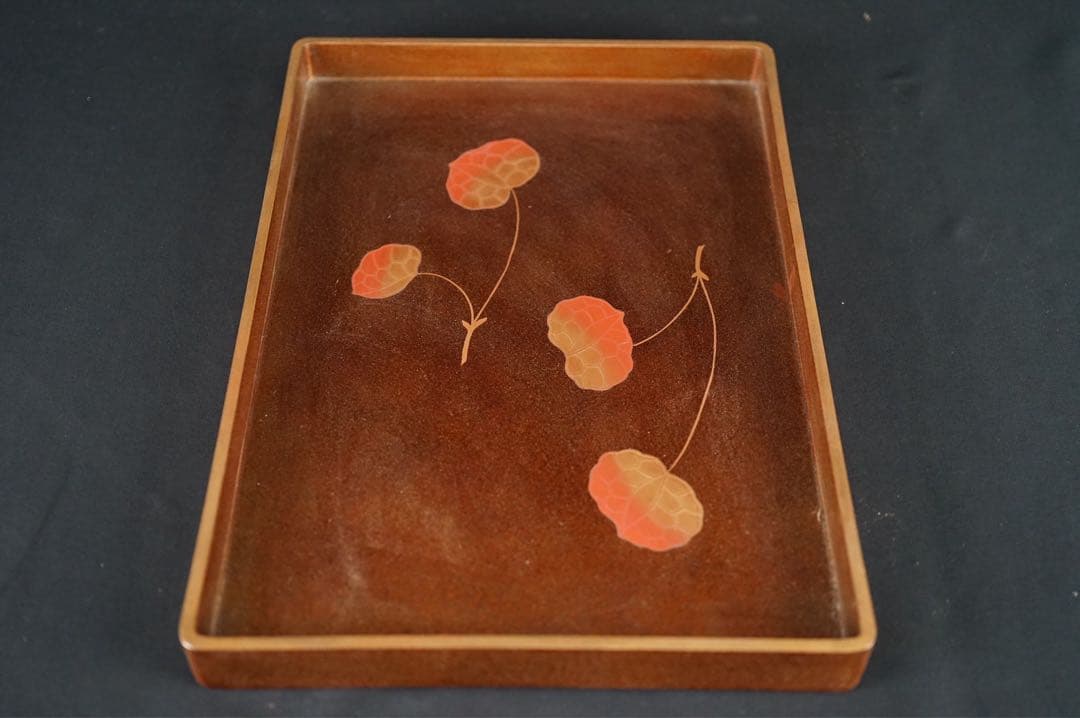 江戸後期 時代 総梨地 朱金 蓮蒔絵 硯蓋 共箱 木製漆器 書道具 古美術