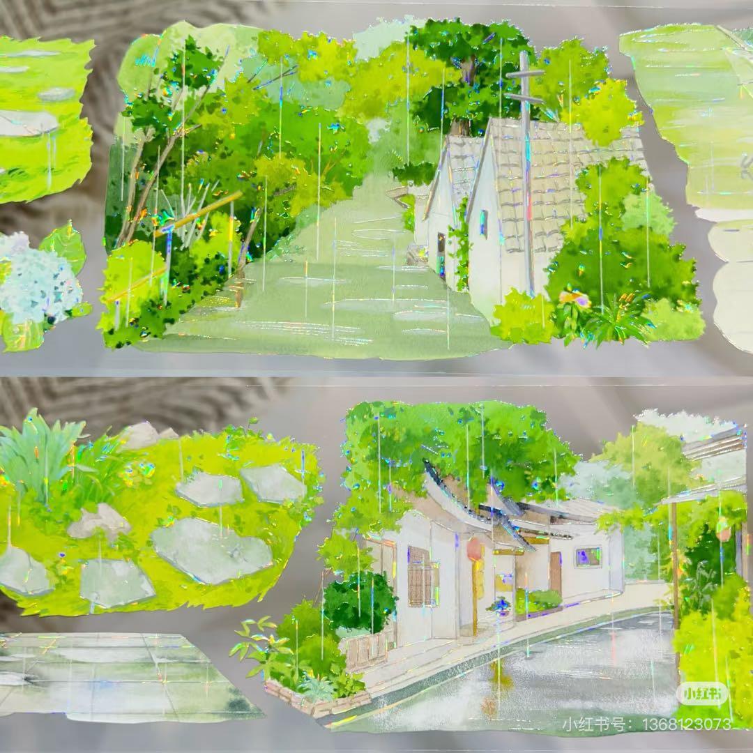 【8716】海外　マステ　3/5/巻売り　貝殻光マスキングテープ　雨　公園　道路