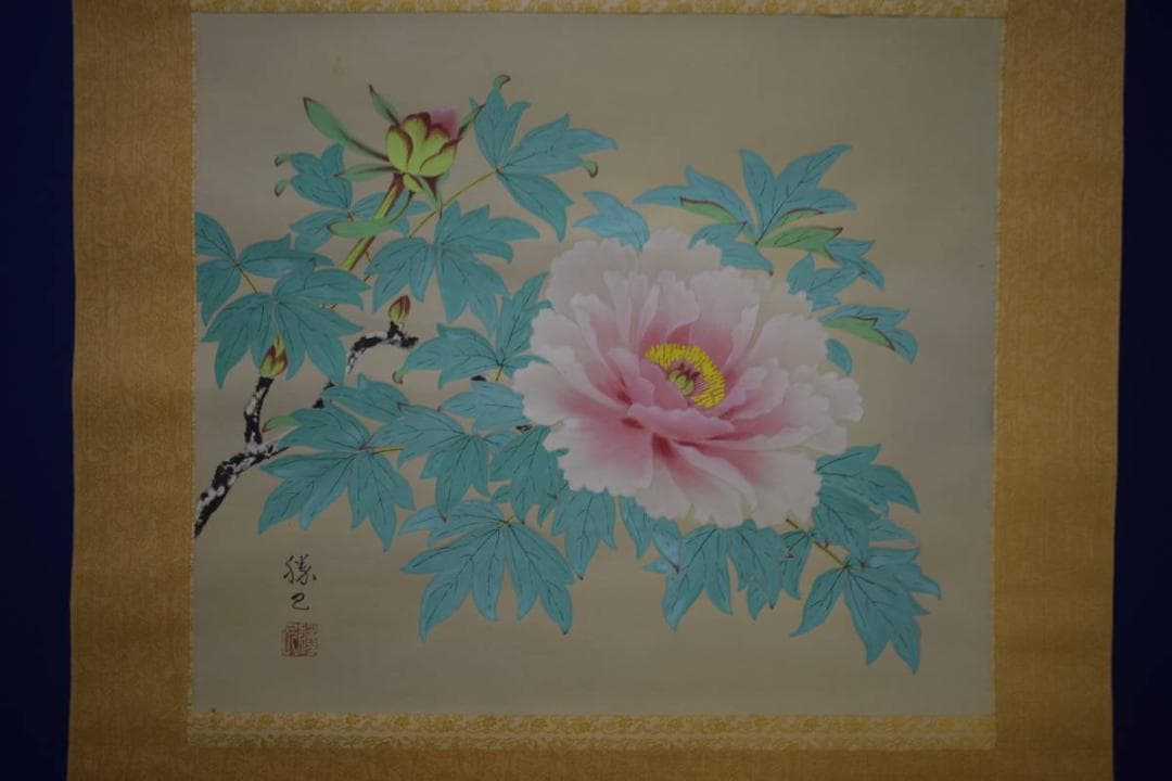 真作/勝己/牡丹図/横物/桐共太巻二重箱付/布袋屋掛軸HI-944