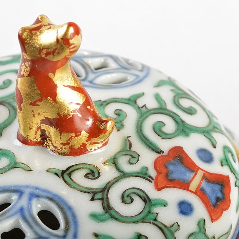 篩月庵　三浦竹泉造　赤絵金彩　花唐草龍文　双耳遊環香炉　共布共箱　J　R7438