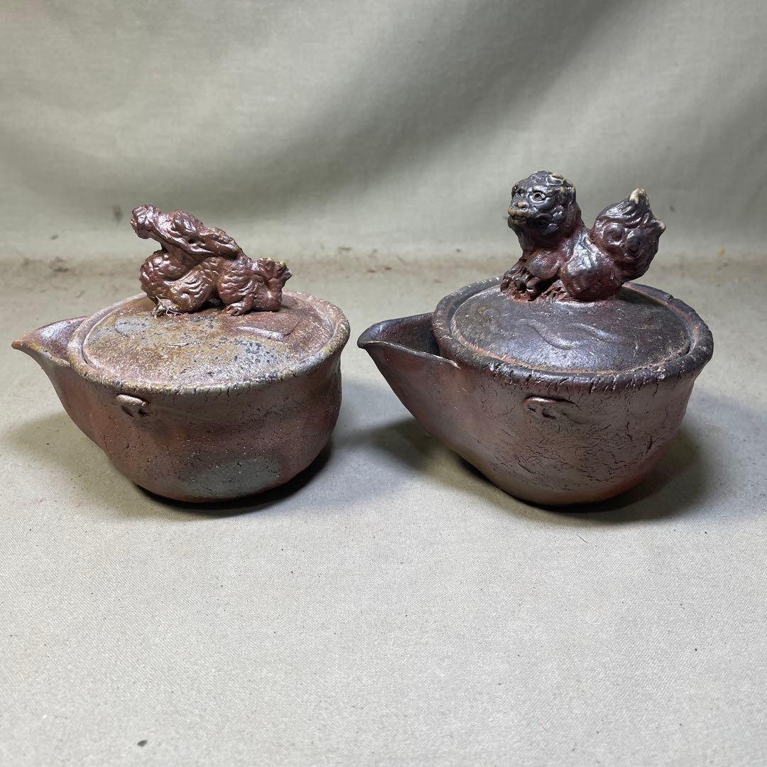 ト*ン様 備前焼　備前手造り龍宝瓶　獅子宝瓶 在銘 ２点セット 煎茶器 急須 煎