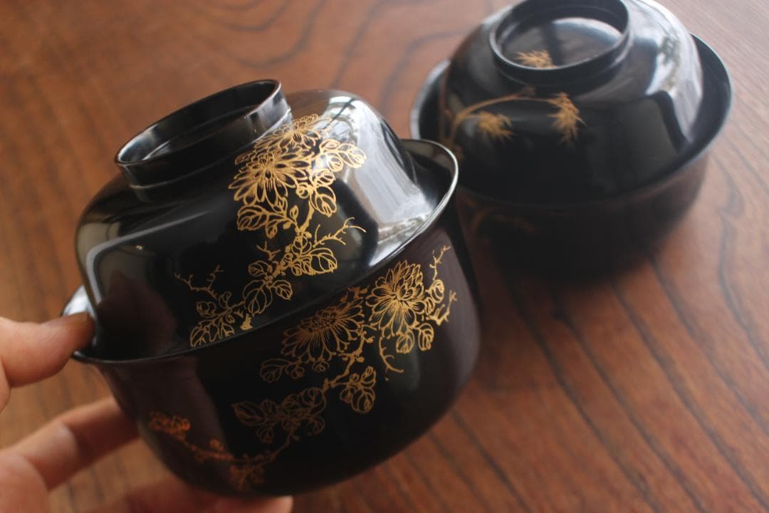 時代逸品！端正な時代黒漆に極上菊蘭蒔絵の映える四つ椀（検懐石道具蒔絵椀茶道具