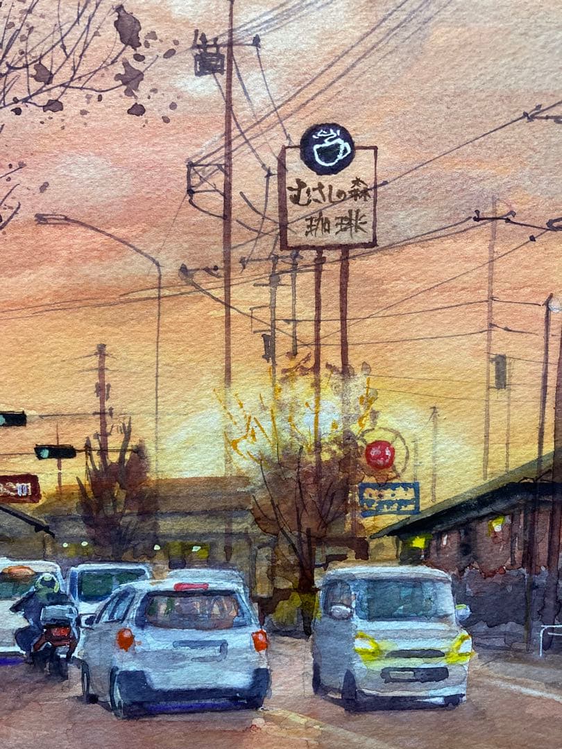 1093☆水彩画原画　風景画　夕景　［夕焼けのハナミズキ通り］