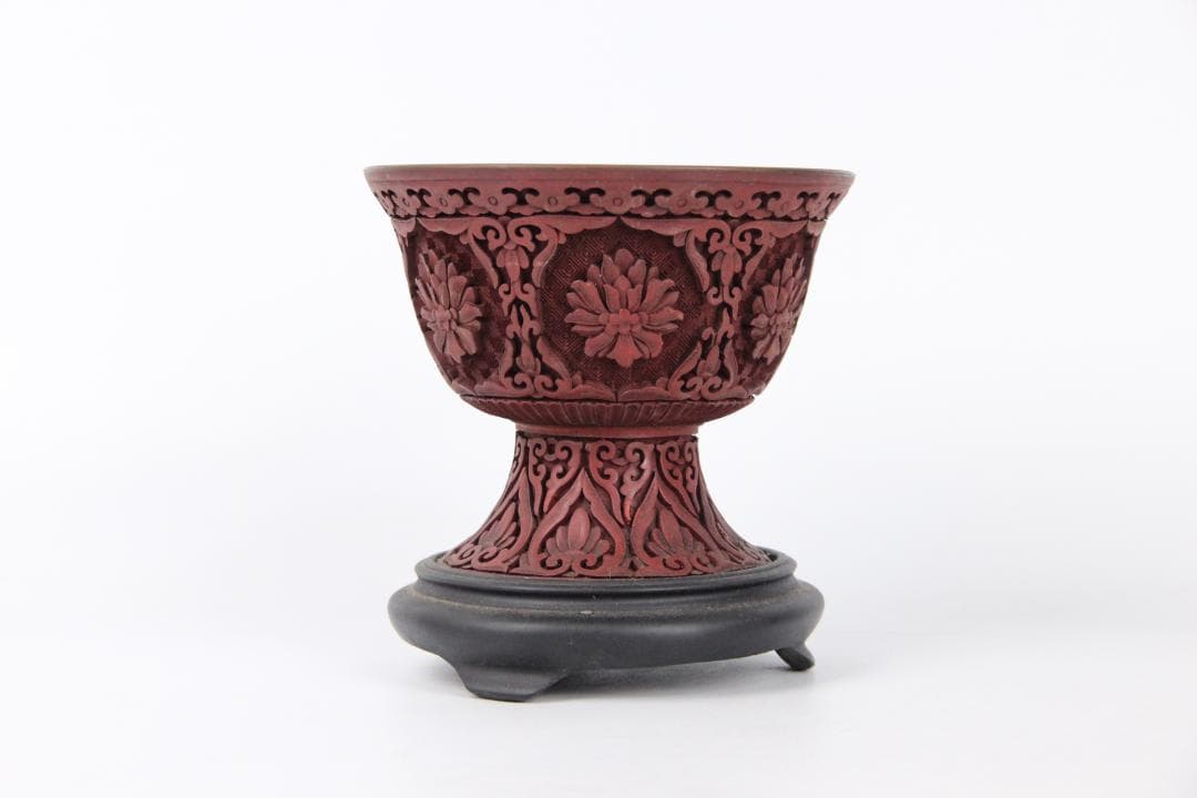 中国 清 希少 漆器 剔紅 堆朱 内七宝 唐木台付 置物 唐物 FJ21-9