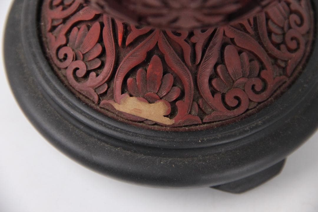 中国 清 希少 漆器 剔紅 堆朱 内七宝 唐木台付 置物 唐物 FJ21-9