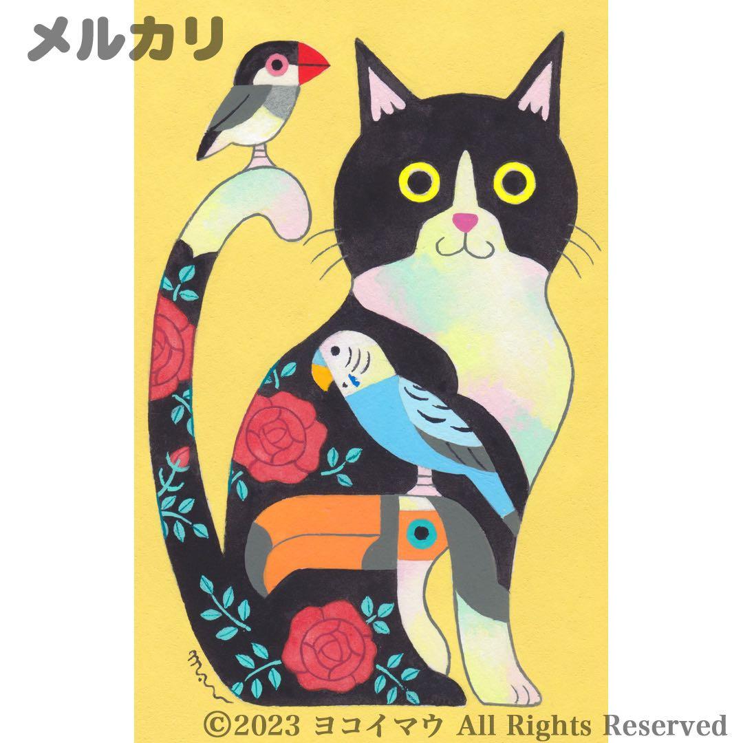 yasukiti1997様オーダー 絵画「ハチワレ猫と小鳥のアート　イエロー」