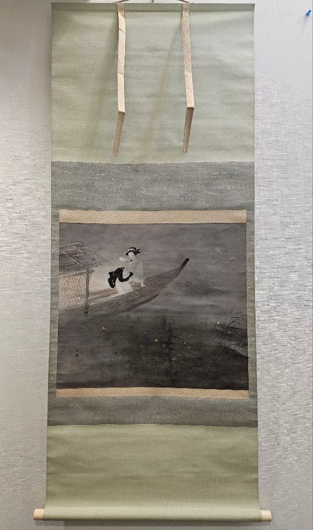 ​林文塘　 2点 ［蛍 に舟上美人図］［連峯］ 水墨画　掛軸 真作