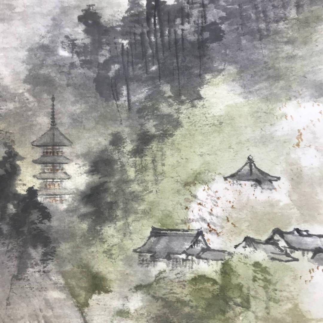 真作/藤井松山/萩寺春光図/春の掛軸/掛軸/名家伝来/AK-360