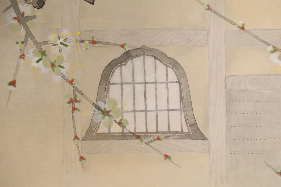 【真作】日本画 宮本昌雄「梅の寺」絹本 掛け軸 木箱 横物 MA434